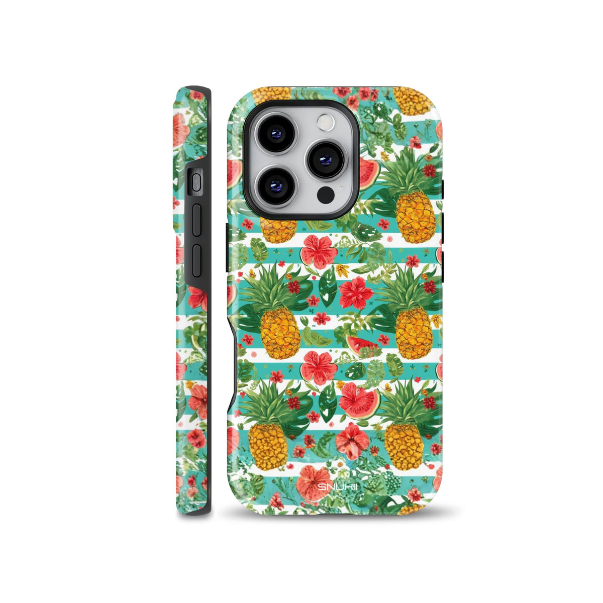 A vibrant summer phone case featuring a tropical pattern with pineapples, watermelon slices, red hibiscus flowers, and palm leaves over teal stripes, designed for iPhone, Samsung, and Pixel.