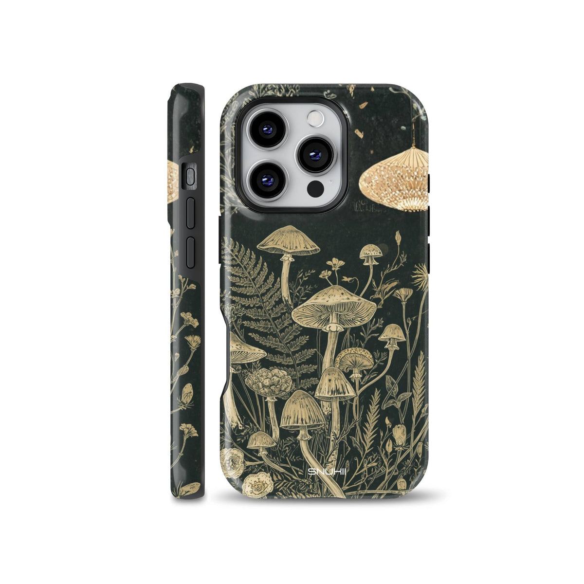 A dark cottagecore phone case featuring a vintage botanical illustration of wild mushrooms, ferns, and forest plants in beige tones on a dark background, designed for iPhone, Samsung, and Pixel.