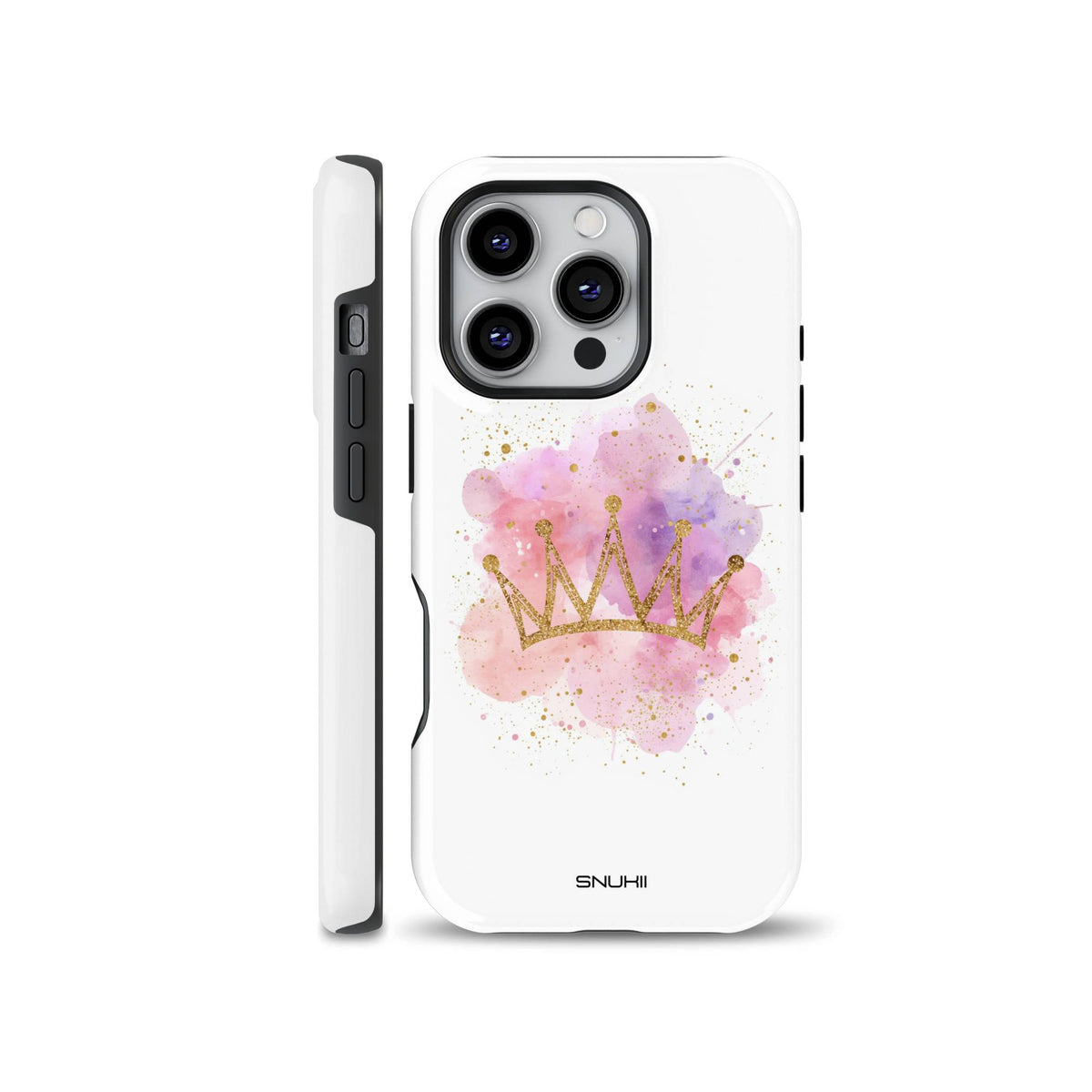 A feminine phone case featuring a gold glitter crown illustration over a pink and purple watercolor splash with gold dust on a white background, designed for iPhone, Samsung, and Pixel.