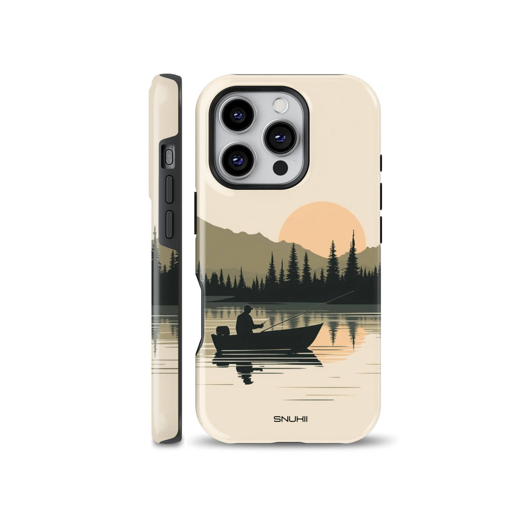 A serene phone case featuring a fisherman in a boat on a calm lake at sunset with pine trees and mountains in soft neutral tones, designed for iPhone, Samsung, and Pixel.