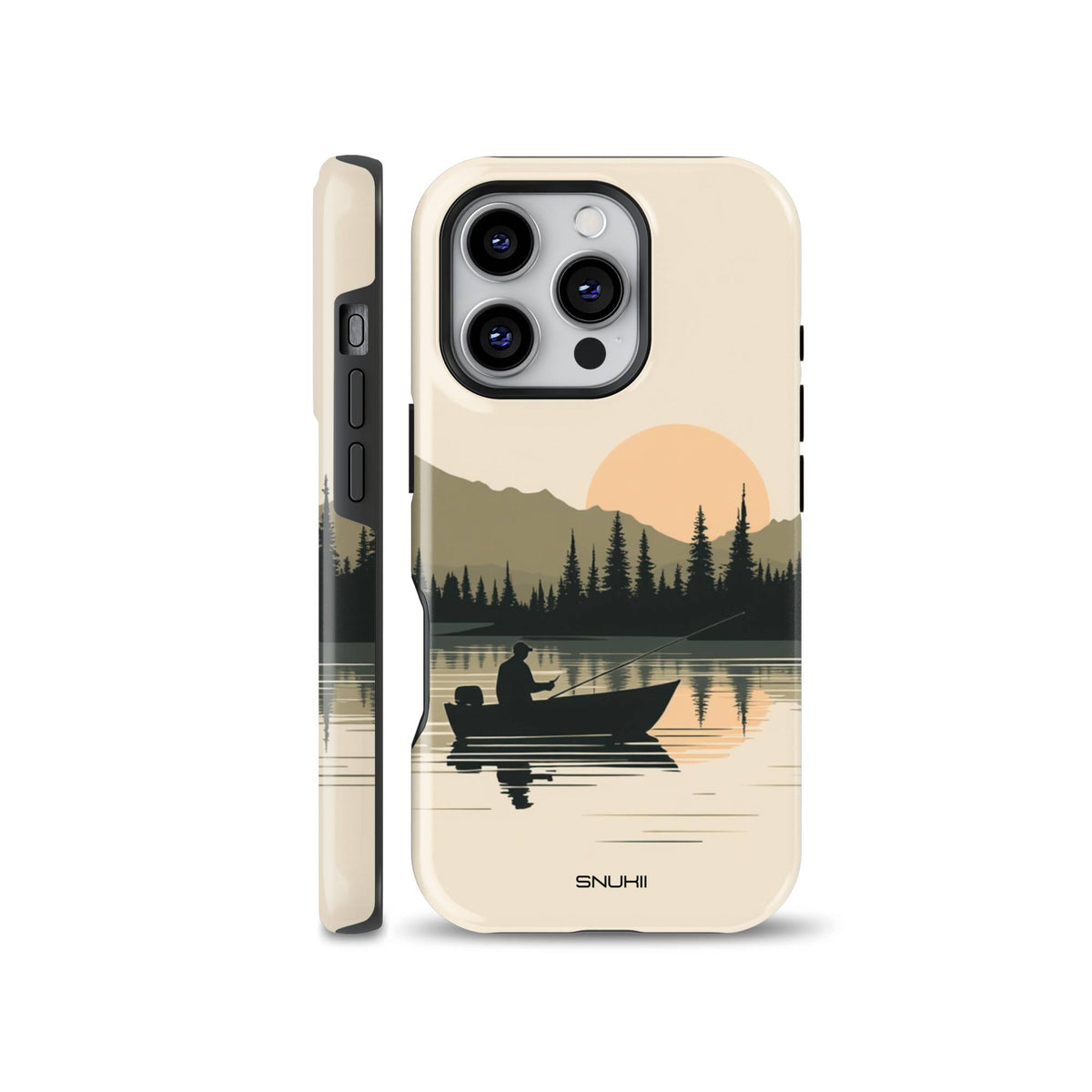 A serene phone case featuring a fisherman in a boat on a calm lake at sunset with pine trees and mountains in soft neutral tones, designed for iPhone, Samsung, and Pixel.