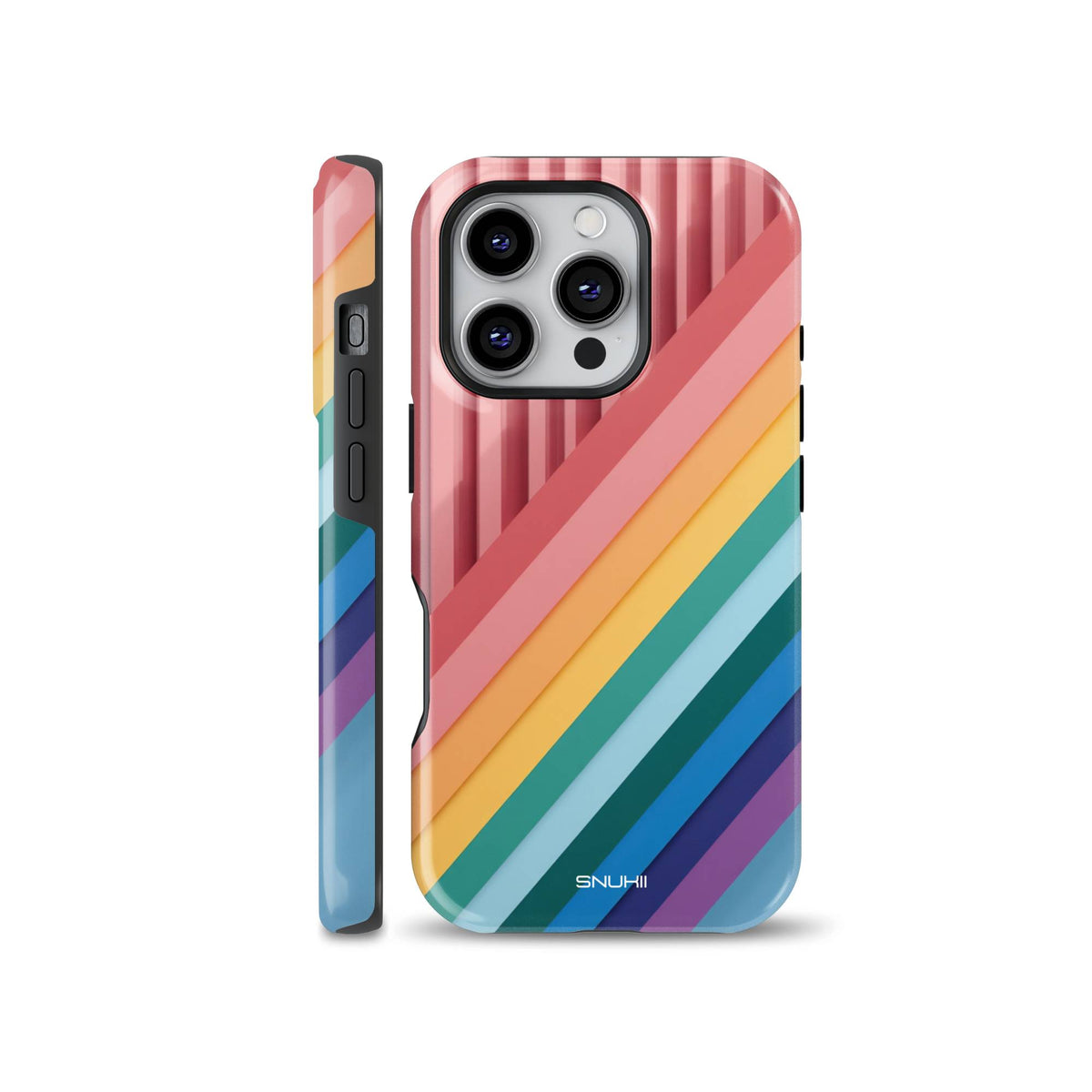 A vibrant phone case featuring a bright diagonal rainbow stripe pattern in pink, orange, yellow, teal, blue, and purple tones, designed for iPhone, Samsung, and Pixel.