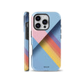 A stylish phone case featuring a retro 70s geometric design with diagonal yellow, orange, and purple stripes on a light blue and pastel pink background, designed for iPhone, Samsung, and Pixel.