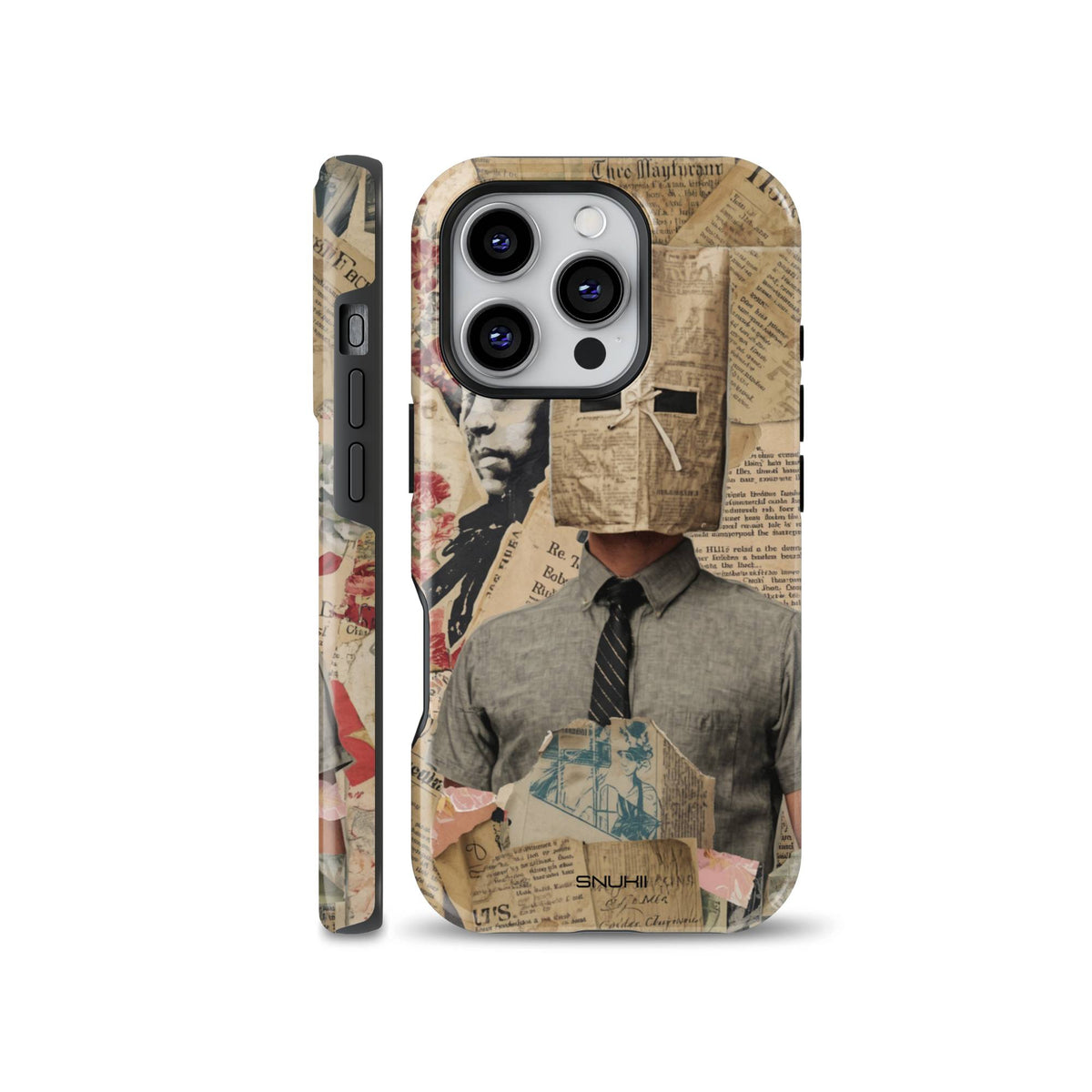 A surreal vintage phone case featuring a collage art design with a man wearing a paper bag over his head surrounded by retro newspaper clippings, designed for iPhone, Samsung, and Pixel.