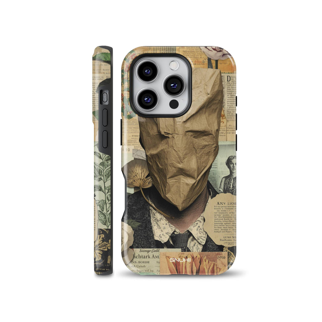 A surreal vintage phone case featuring a collage art design with a person wearing a paper bag over their head surrounded by retro newspaper snippets and botanical art, designed for iPhone, Samsung, and Pixel.