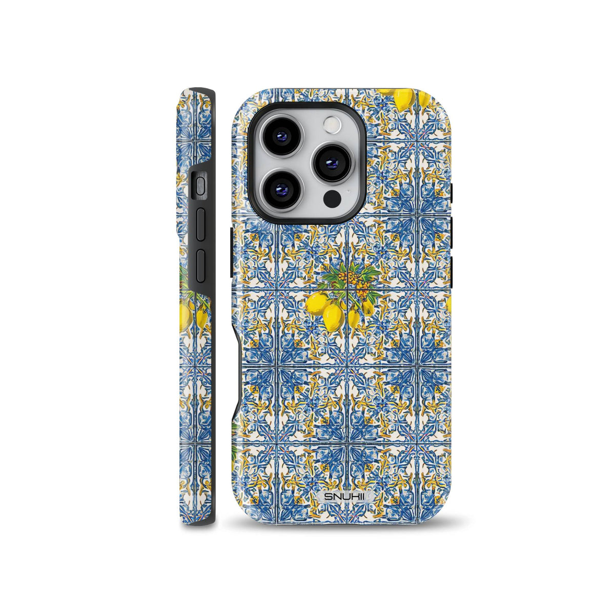An elegant phone case featuring a blue and yellow Mediterranean tile pattern with fresh lemons and leaves, designed for iPhone, Samsung, and Pixel.