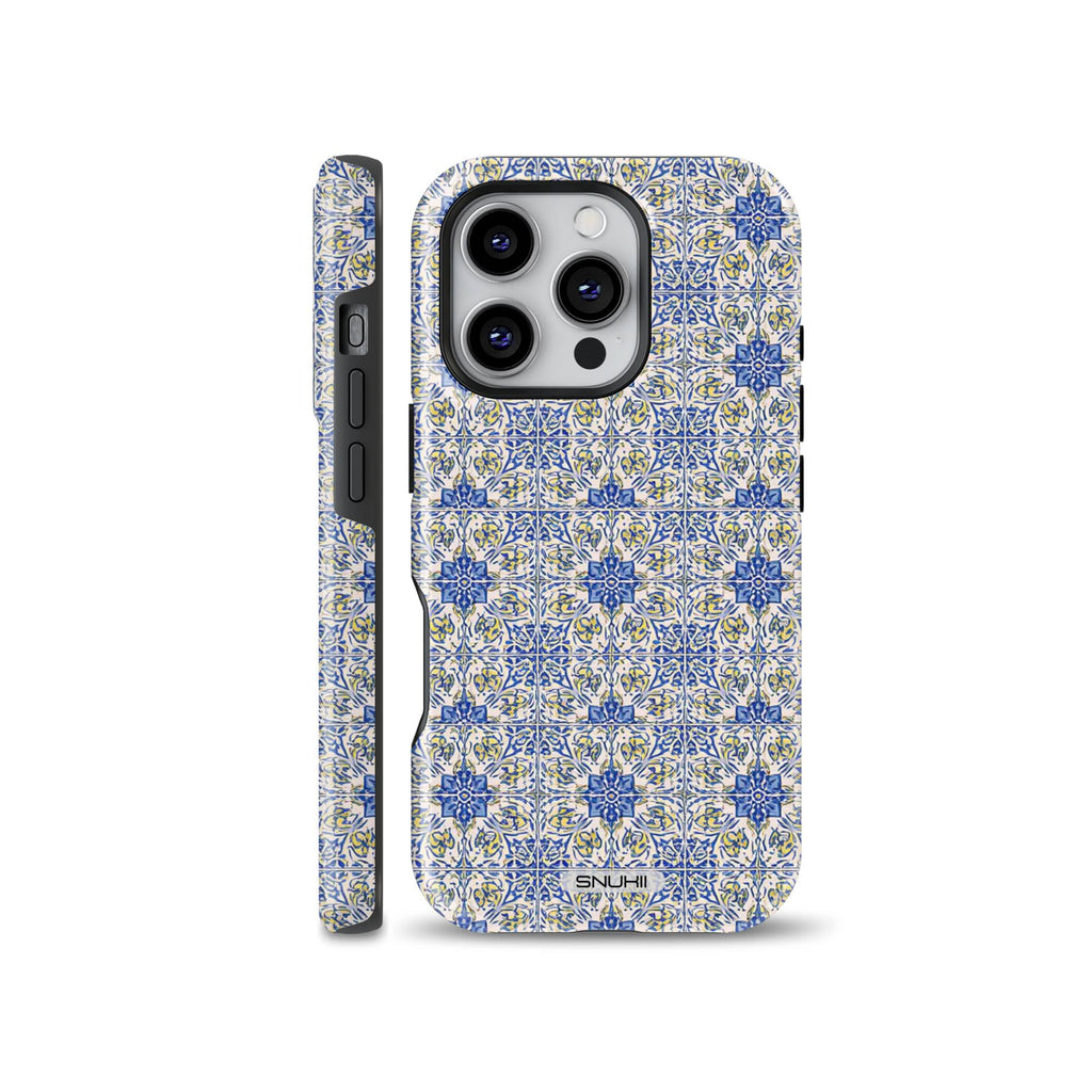 Blue and yellow Portuguese azulejo tile pattern phone case shown on iPhone, also available for Samsung Galaxy and Google Pixel devices.