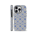 Blue and yellow Portuguese azulejo tile pattern phone case shown on iPhone, also available for Samsung Galaxy and Google Pixel devices.