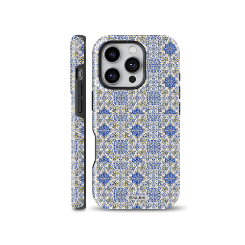 Blue and yellow Portuguese azulejo tile pattern phone case shown on iPhone, also available for Samsung Galaxy and Google Pixel devices.