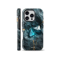 Deep teal blue marble phone case with glowing crystal geode center and gold veins, shown on iPhone, compatible with Samsung Galaxy and Google Pixel devices.