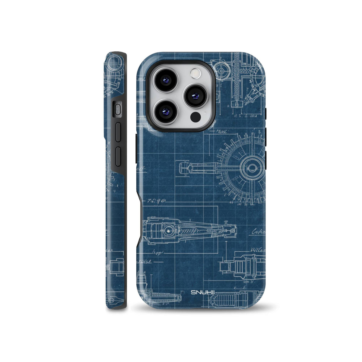 Blue vintage blueprint technical drawing phone case shown on iPhone, compatible with Samsung Galaxy and Google Pixel devices.