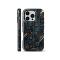 Futuristic cyberpunk mechanical circuit board phone case with glowing orange accents shown on iPhone, compatible with Samsung Galaxy and Google Pixel devices.