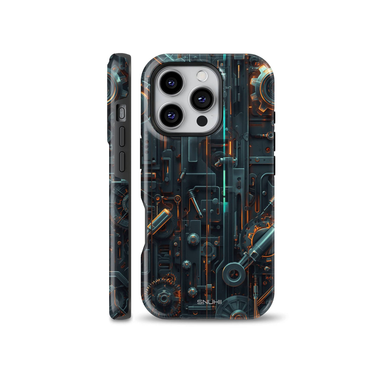 Futuristic cyberpunk mechanical circuit board phone case with glowing orange accents shown on iPhone, compatible with Samsung Galaxy and Google Pixel devices.