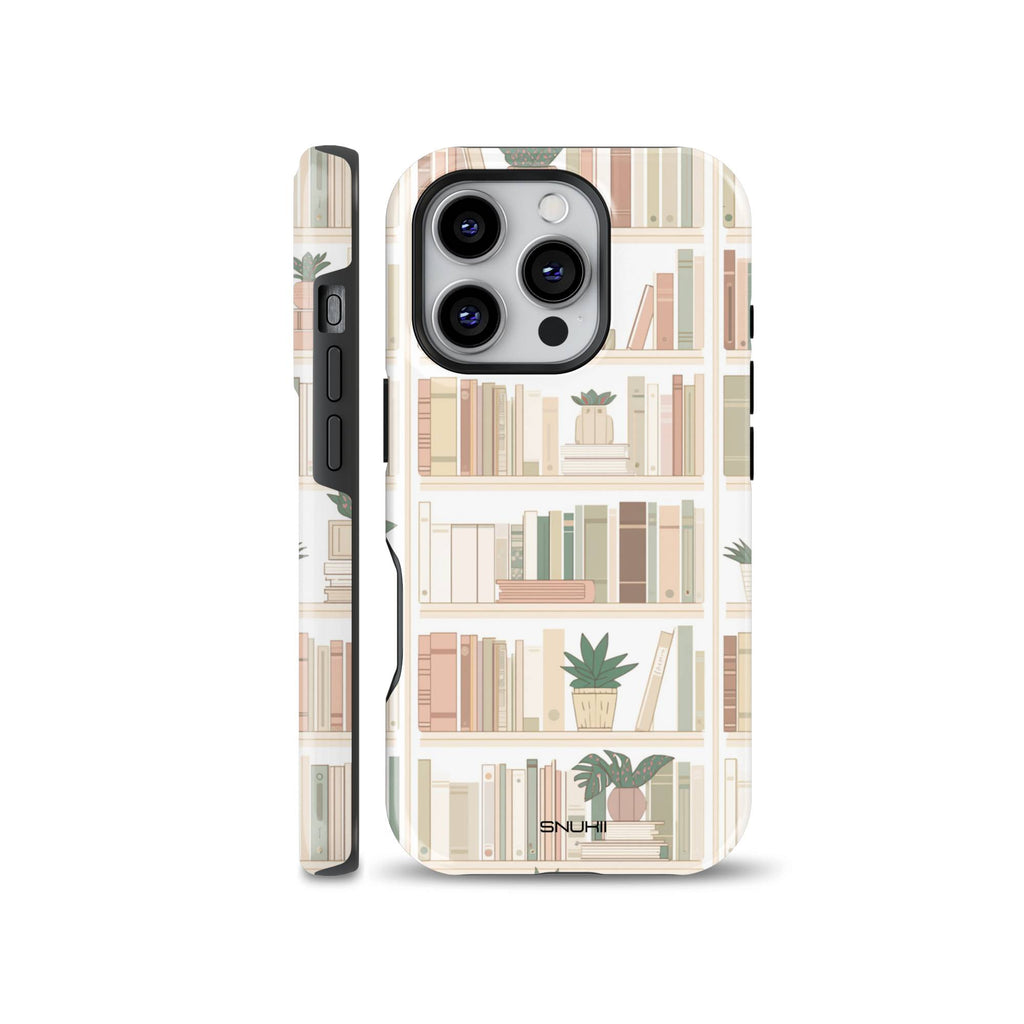 Cozy bookshelf illustration phone case with books and potted plants shown on iPhone, compatible with Samsung Galaxy and Google Pixel devices.