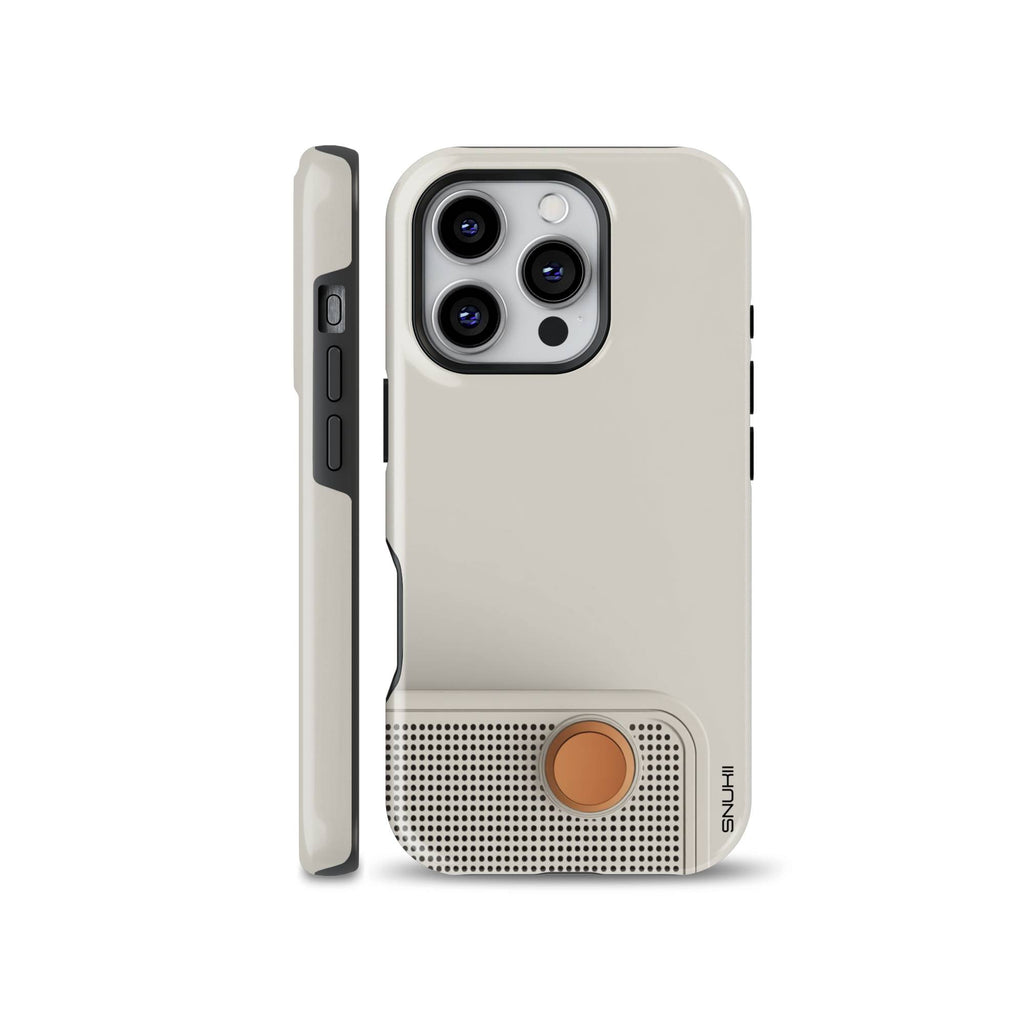 Beige retro radio and vintage audio speaker pattern phone case with orange knob shown on iPhone, compatible with Samsung Galaxy and Google Pixel devices.