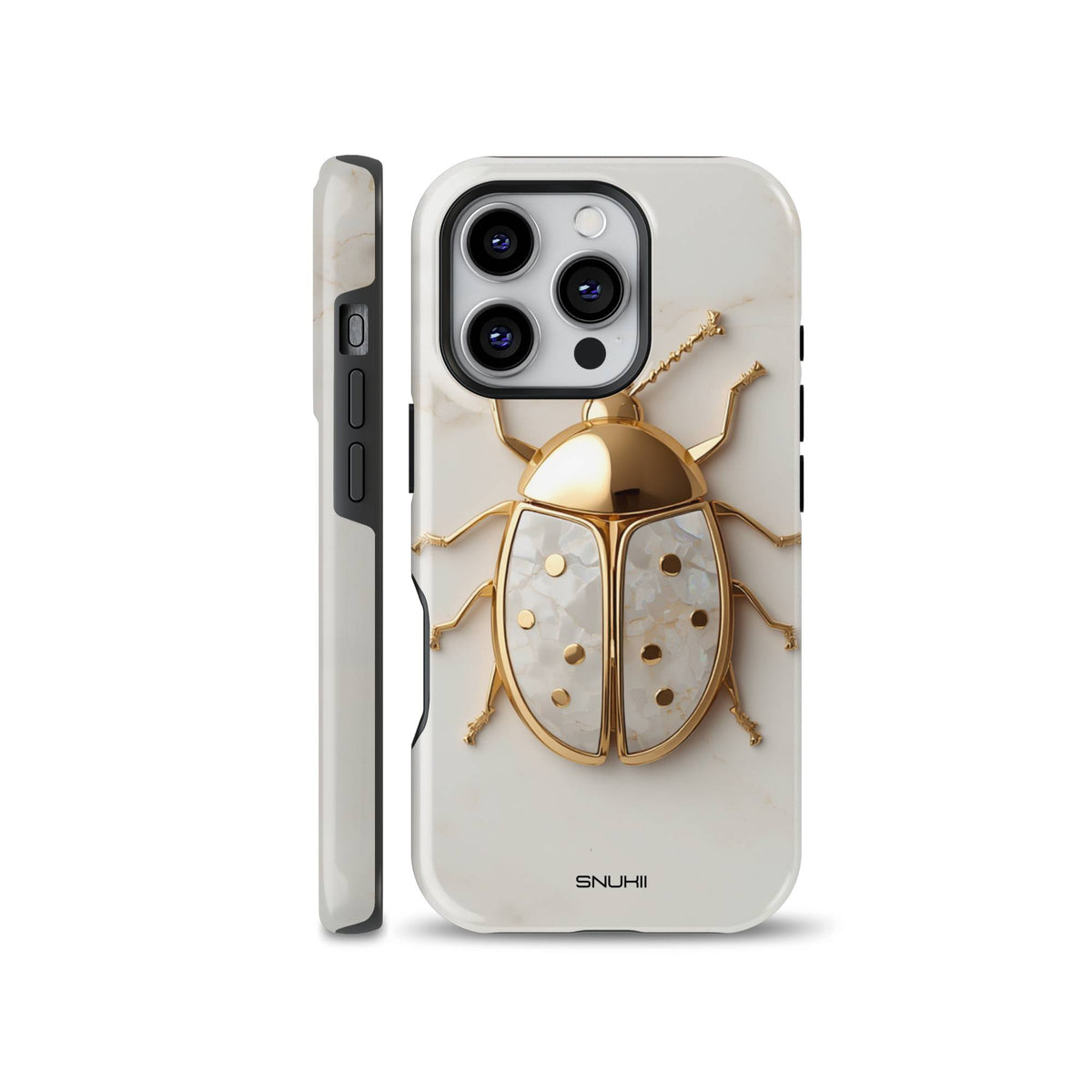 Luxury gold and mother of pearl beetle on white marble phone case shown on iPhone, compatible with Samsung Galaxy and Google Pixel devices.
