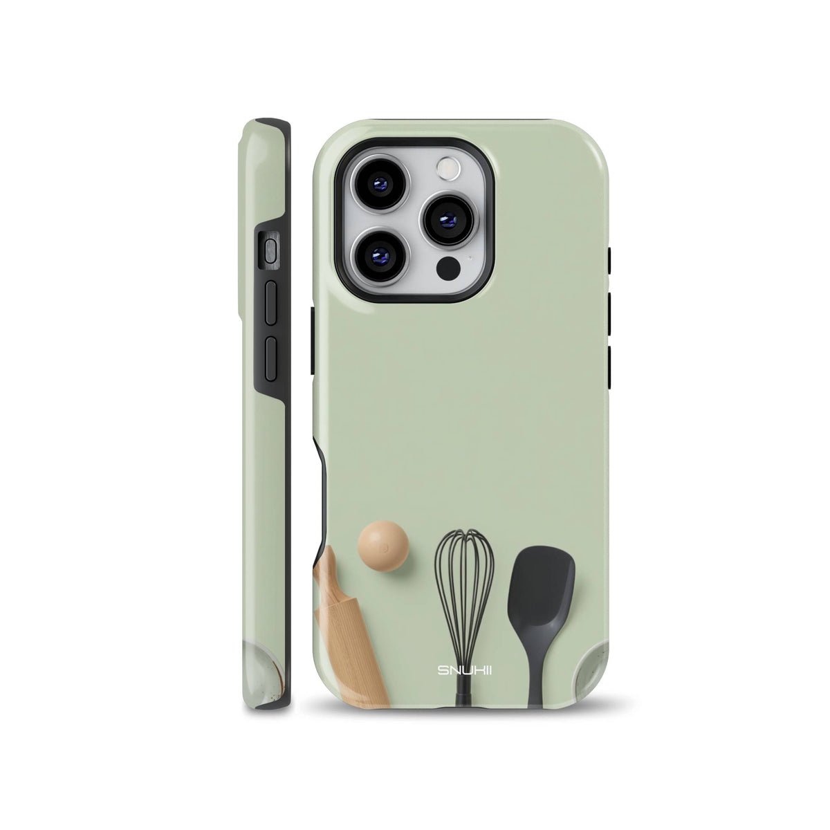 Sage green phone case featuring baking tools like a rolling pin, egg, whisk, and spatula shown on iPhone, compatible with Samsung Galaxy and Google Pixel devices.