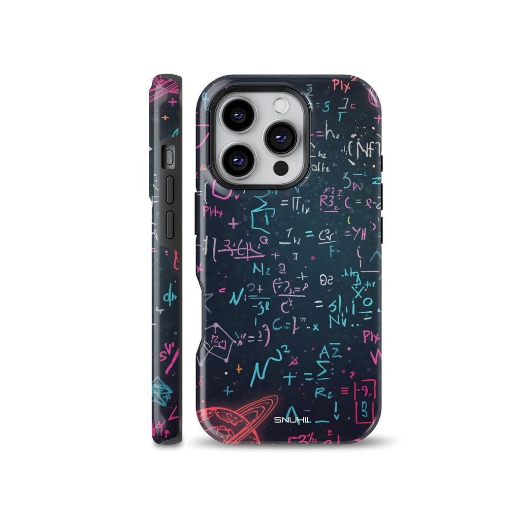 Dark space phone case with colorful math and physics formulas and planet illustration shown on iPhone, compatible with Samsung Galaxy and Google Pixel devices.