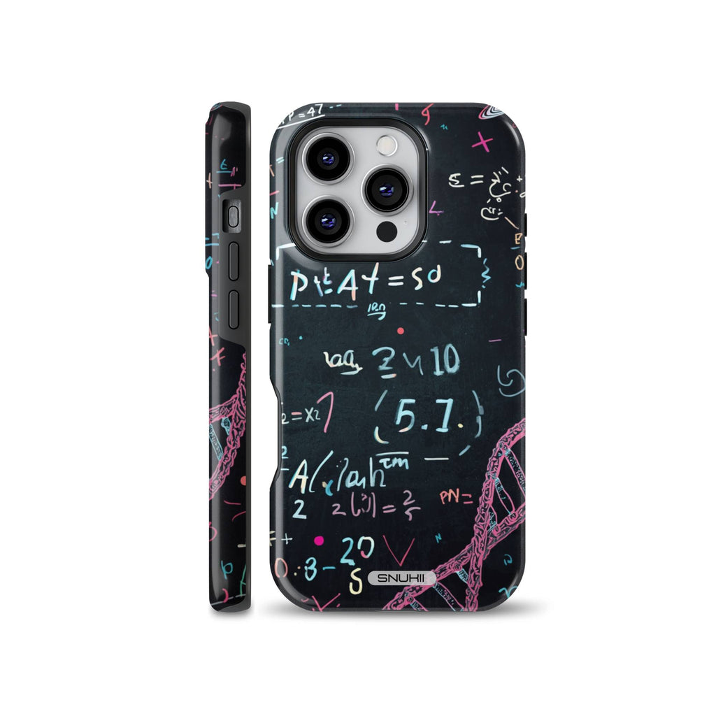 Math and science equations phone case on a black chalkboard background featuring DNA helix and formulas, shown for iPhone, Samsung, and Google Pixel models.