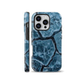 Blue cracked ice texture phone case design shown on iPhone, compatible with Samsung Galaxy and Google Pixel devices.