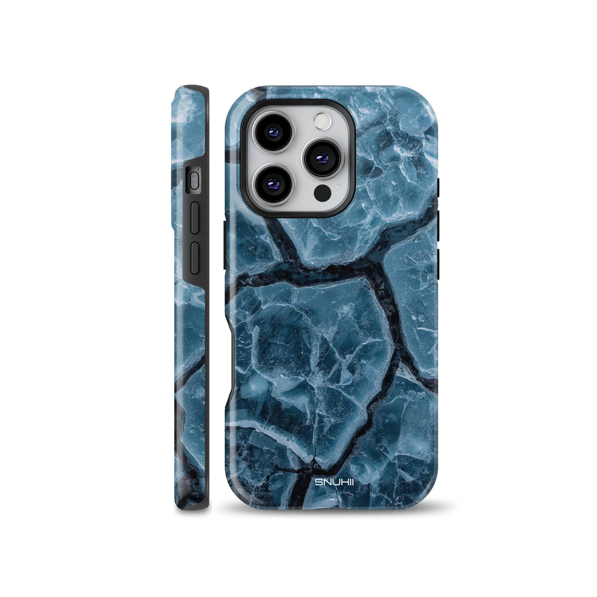 Blue cracked ice texture phone case design shown on iPhone, compatible with Samsung Galaxy and Google Pixel devices.
