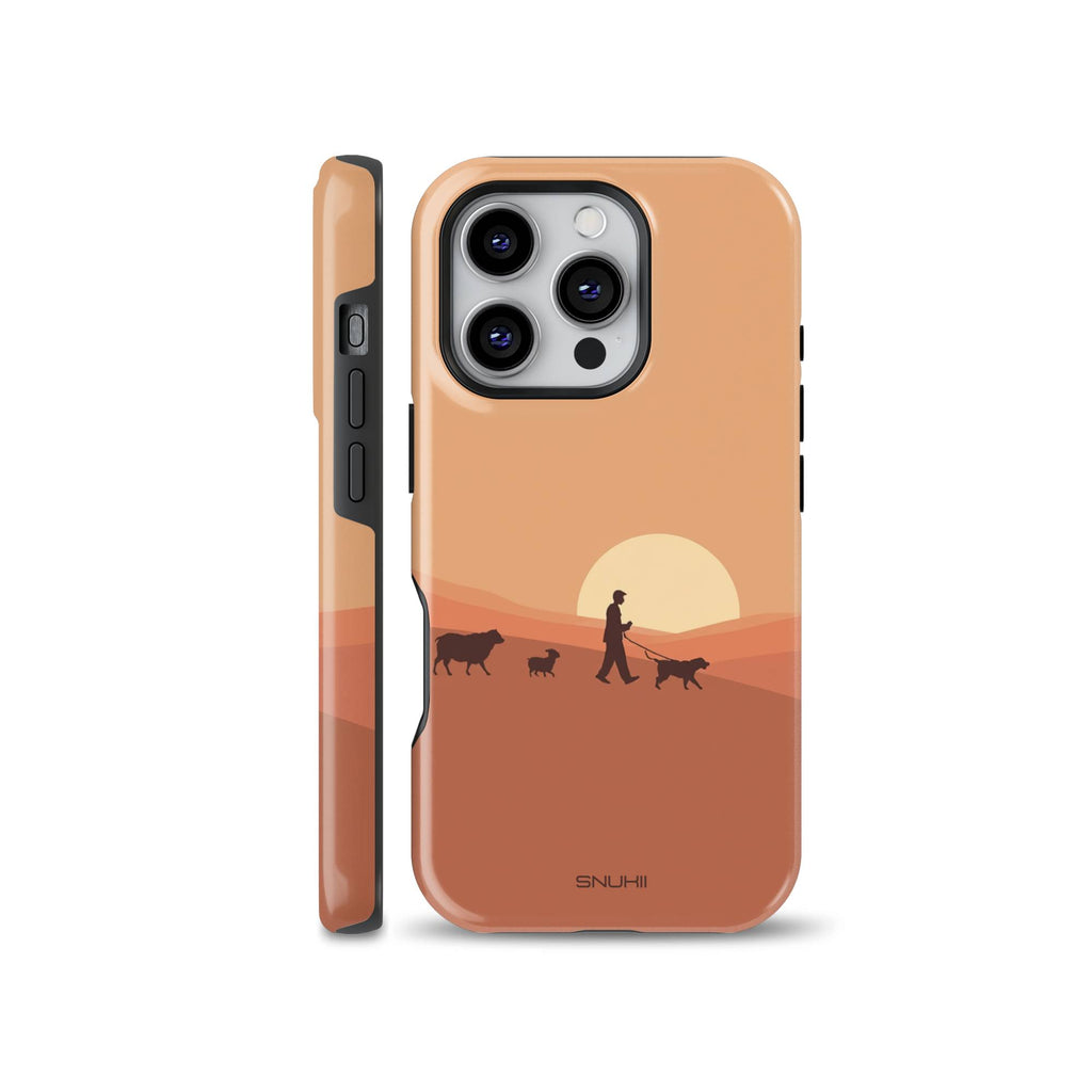 Terracotta sunset phone case illustration showing a shepherd walking with a dog and sheep, presented on iPhone and compatible with Samsung Galaxy and Google Pixel models.