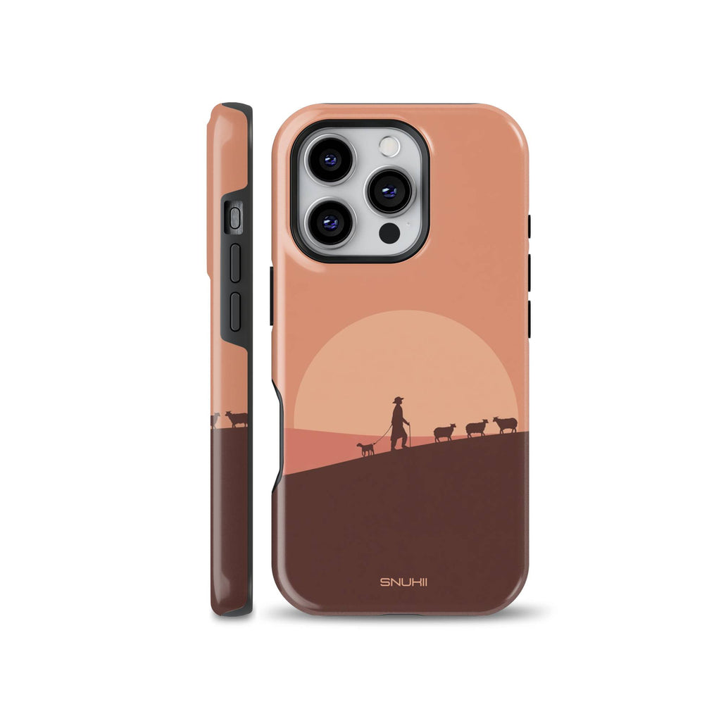 Warm terracotta sunset phone case illustration with a shepherd, dog, and sheep silhouette, shown on iPhone and compatible with Samsung Galaxy and Google Pixel models.