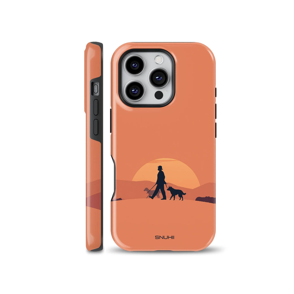 Terracotta orange phone case featuring a silhouette of a person walking two dogs at sunset against a mountain landscape, available for iPhone, Samsung, and Pixel devices.