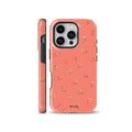 Coral pink phone case featuring a pattern of small illustrated pizza slices, available for iPhone, Samsung, and Pixel devices.