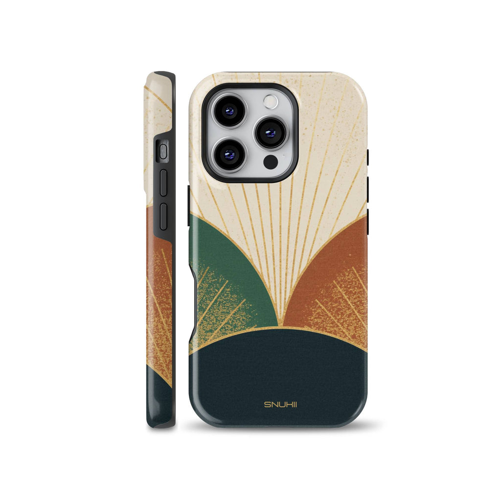 Abstract boho sunburst phone case with terracotta, green, and navy blue geometric landscape design shown for iPhone, Samsung Galaxy, and Google Pixel.