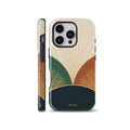 Abstract boho sunburst phone case with terracotta, green, and navy blue geometric landscape design shown for iPhone, Samsung Galaxy, and Google Pixel.