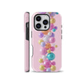 Cute pink phone case featuring glossy 3D pastel bubbles and colorful pearls design shown for iPhone, Samsung Galaxy, and Google Pixel.