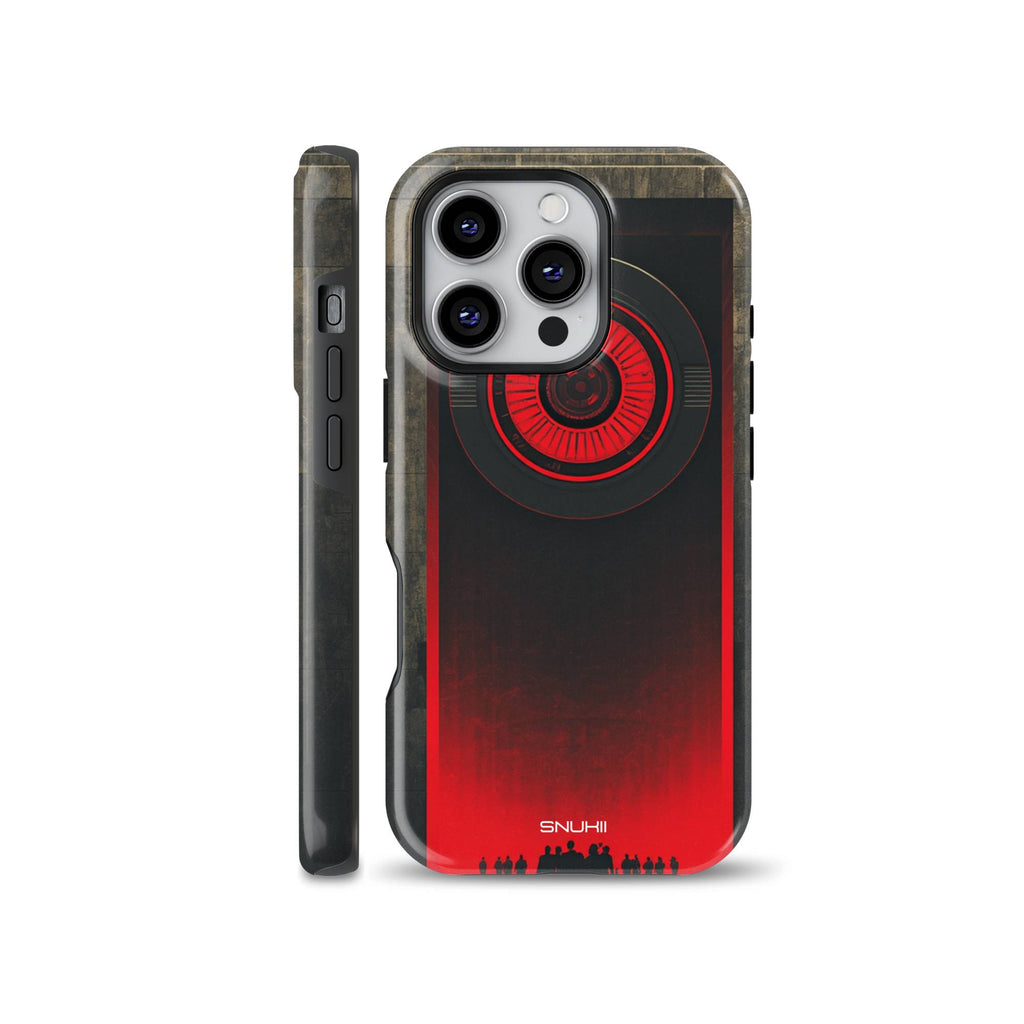 Futuristic sci-fi phone case featuring a glowing red mechanical core and silhouettes design shown for iPhone, Samsung Galaxy, and Google Pixel.