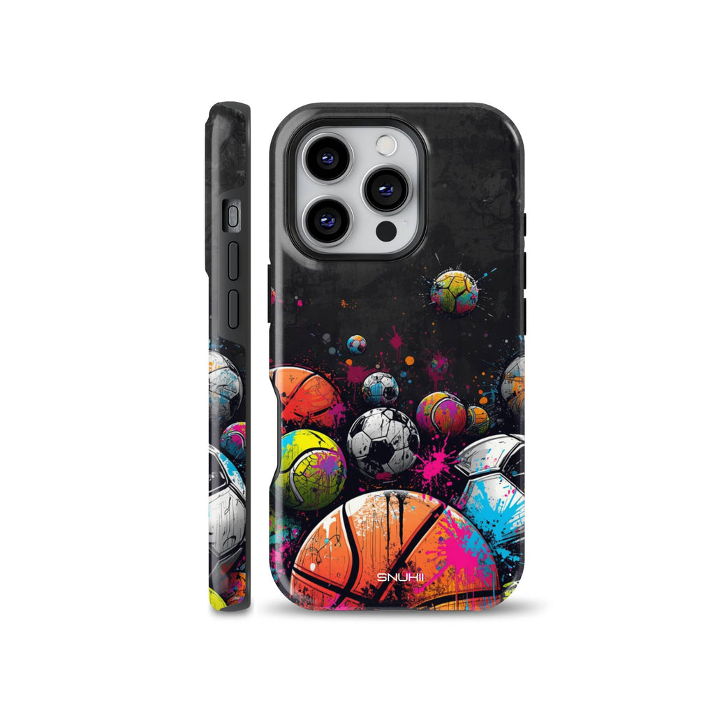 Colorful sports phone case featuring vibrant basketball, soccer, and tennis balls in graffiti paint splatter style shown for iPhone, Samsung, and Google Pixel.
