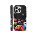 Colorful sports phone case featuring vibrant basketball, soccer, and tennis balls in graffiti paint splatter style shown for iPhone, Samsung, and Google Pixel.