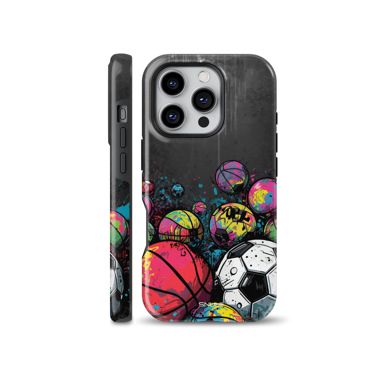 Graffiti style sports phone case with colorful basketballs and soccer balls print on a dark background for iPhone, Samsung, and Pixel models.
