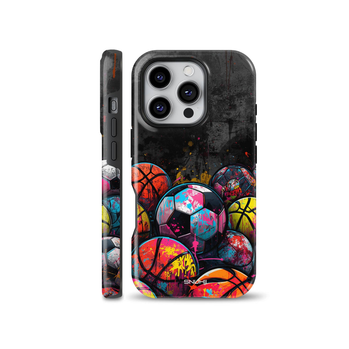 Vibrant graffiti style phone case featuring colorful basketballs and soccer balls with paint splatters, compatible with iPhone, Samsung, and Pixel devices.
