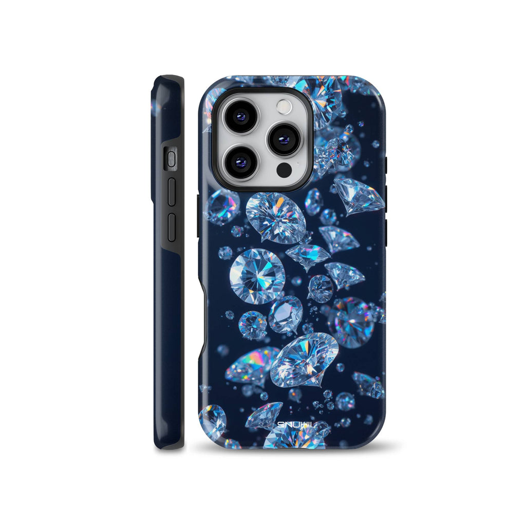 Floating sparkling diamonds pattern phone case compatible with iPhone, Samsung, and Pixel devices, featuring luxury crystal graphic design.