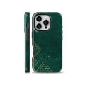 Emerald green phone case with gold geometric diamond lines and shimmer accents, compatible with iPhone, Samsung, and Pixel devices.