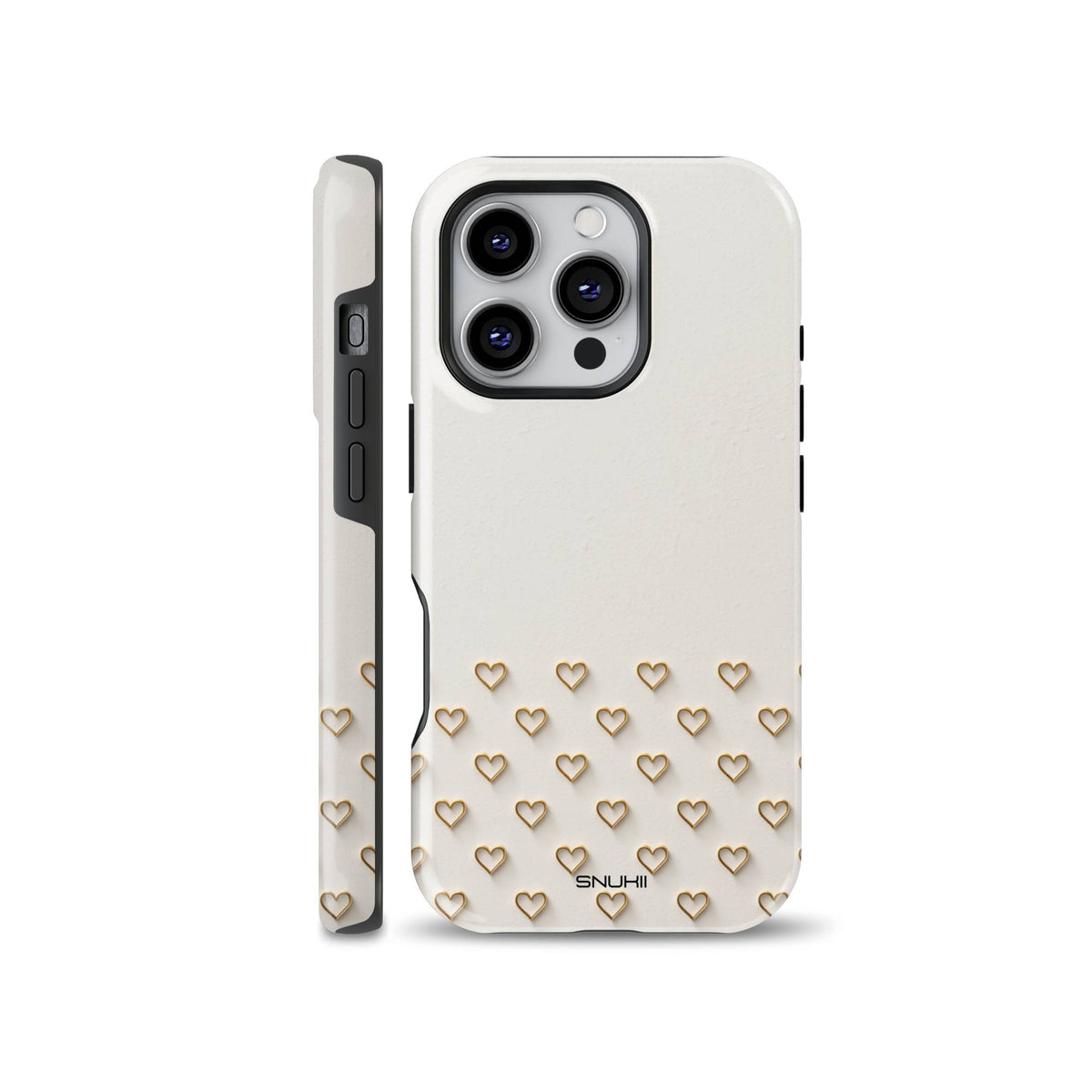 Cute cream phone case with small gold heart pattern along the bottom, compatible with iPhone, Samsung, and Pixel devices.