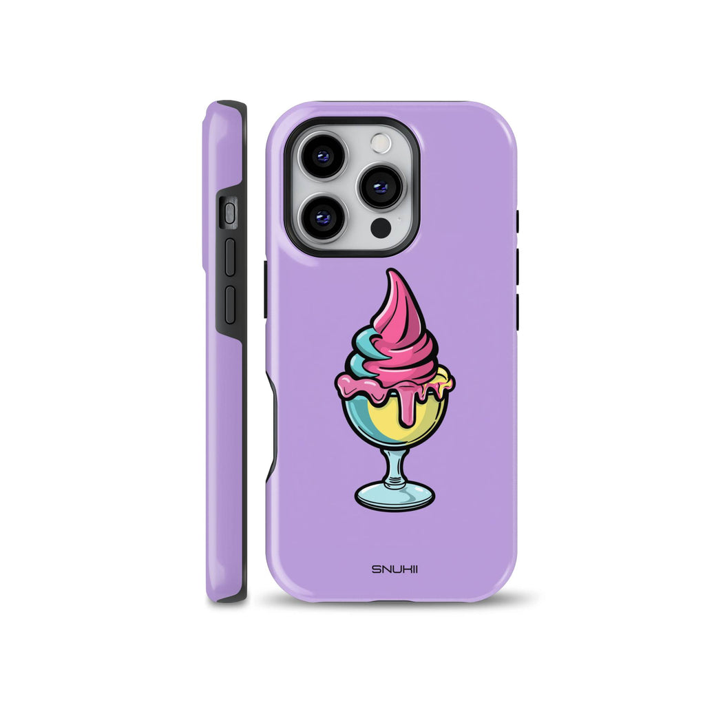 Cute lavender purple phone case featuring a colorful ice cream sundae illustration, compatible with iPhone, Samsung, and Pixel devices.
