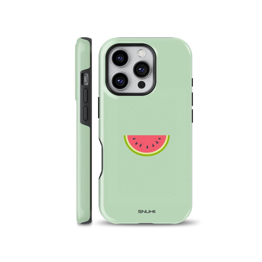 Pastel green phone case with a minimalist watermelon slice graphic, displayed from the back and side views, suitable for iPhone, Samsung, and Pixel devices.