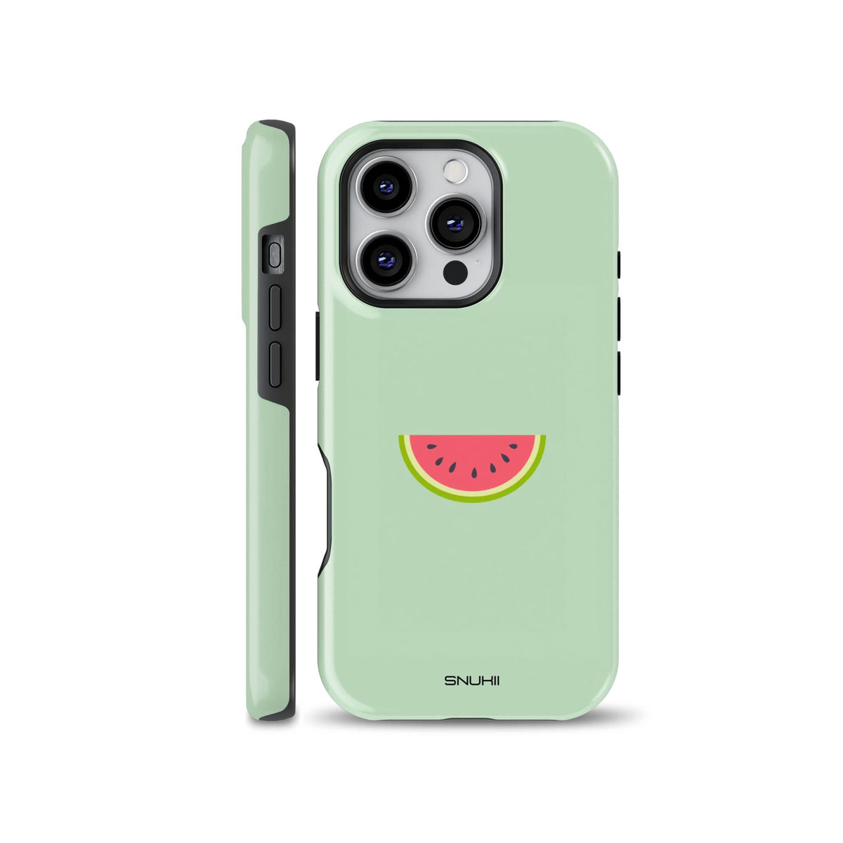 Pastel green phone case with a minimalist watermelon slice graphic, displayed from the back and side views, suitable for iPhone, Samsung, and Pixel devices.
