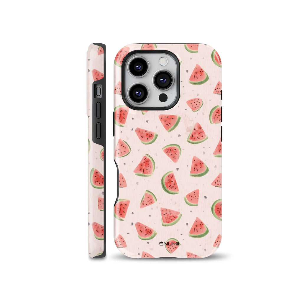 Cute light pink phone case covered in a hand-painted watercolor pattern of juicy red and green watermelon slices with small dark seeds. The case is shown from two angles, showing both the design and the full product.