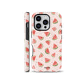 Cute light pink phone case covered in a hand-painted watercolor pattern of juicy red and green watermelon slices with small dark seeds. The case is shown from two angles, showing both the design and the full product.