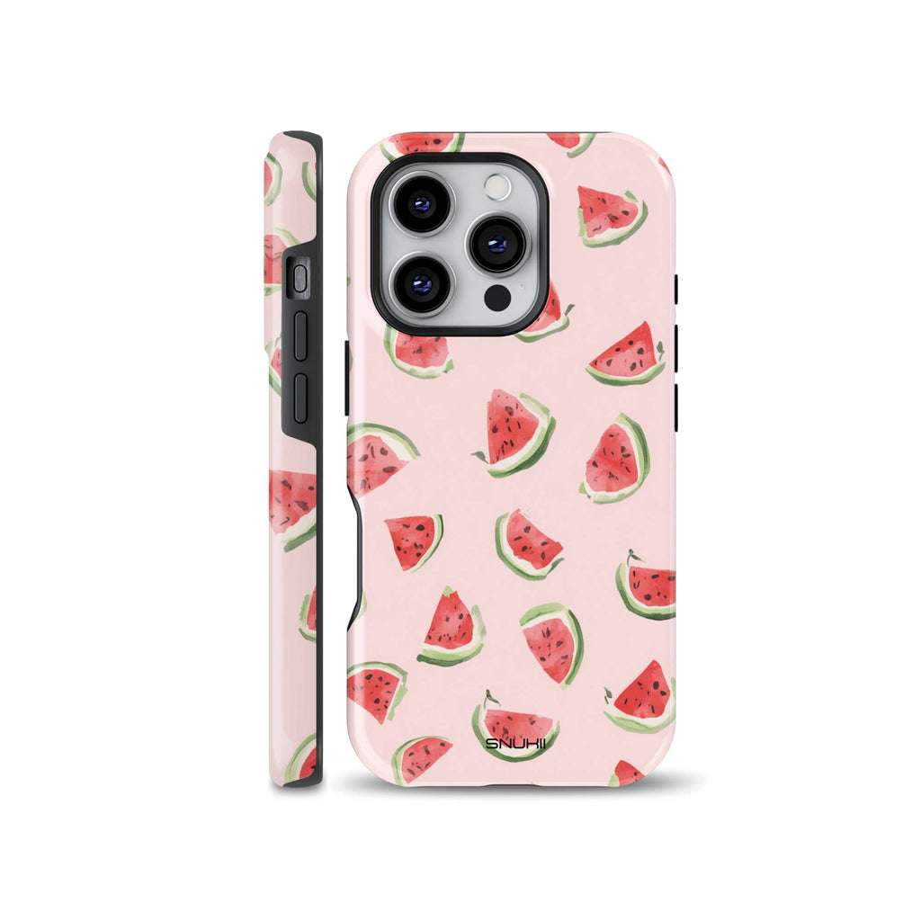 Pink watermelon phone case with a watercolor fruit slice pattern shown from back and side, compatible with iPhone, Samsung, and Pixel models.