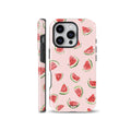 Pink watermelon phone case with a watercolor fruit slice pattern shown from back and side, compatible with iPhone, Samsung, and Pixel models.