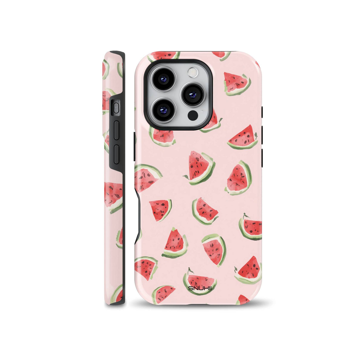 Pink watermelon phone case with a watercolor fruit slice pattern shown from back and side, compatible with iPhone, Samsung, and Pixel models.