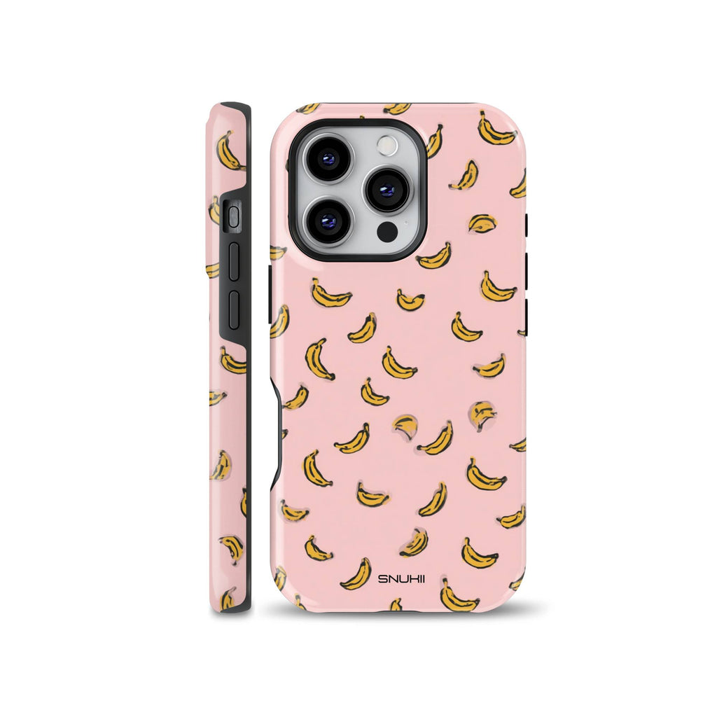 Pink phone case featuring a cute pattern of yellow illustrated bananas, shown from front and side profiles, compatible with iPhone, Samsung, and Pixel devices.