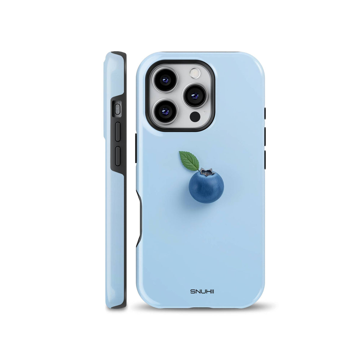 Light blue phone case with a realistic single blueberry illustration in the center, shown from front and side views, compatible with iPhone, Samsung, and Pixel devices.